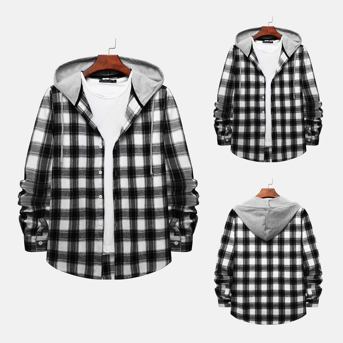 Men'S Casual Plaid Flannel Jacket with Hoodie Lightweight Fall Winter Long Sleeve Button down Plaid Flannel Hooded Shirt Gray XL