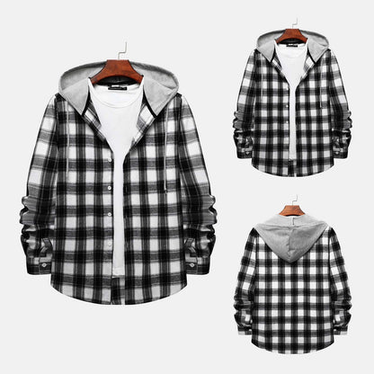 Men'S Casual Plaid Flannel Jacket with Hoodie Lightweight Fall Winter Long Sleeve Button down Plaid Flannel Hooded Shirt Gray XL