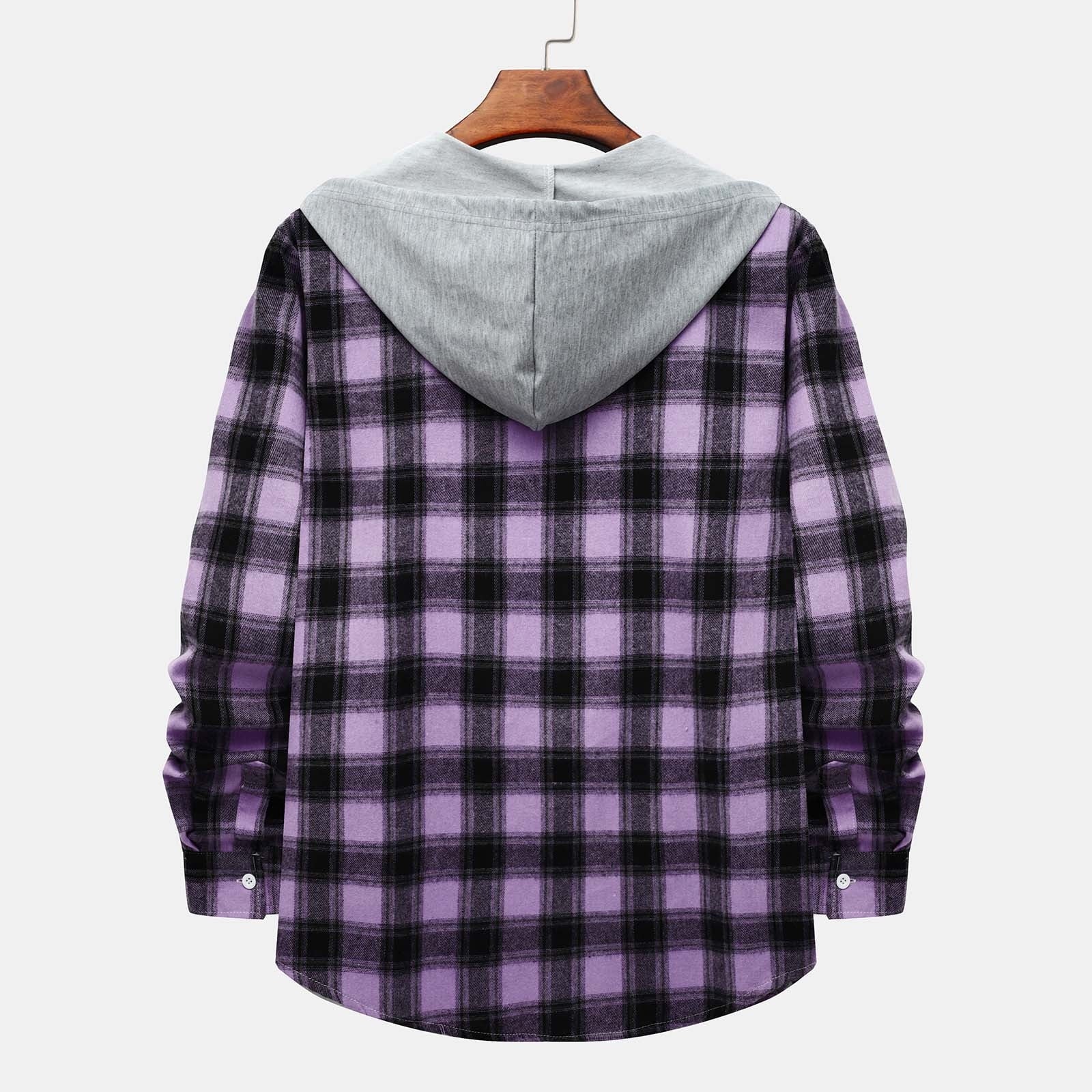 Men'S Casual Plaid Flannel Jacket with Hoodie Lightweight Fall Winter Long Sleeve Button down Plaid Flannel Hooded Shirt Purple XL