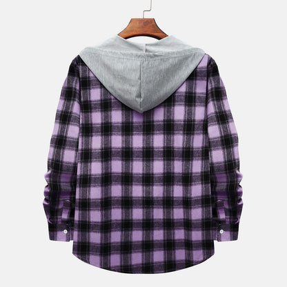 Men'S Casual Plaid Flannel Jacket with Hoodie Lightweight Fall Winter Long Sleeve Button down Plaid Flannel Hooded Shirt Purple XL