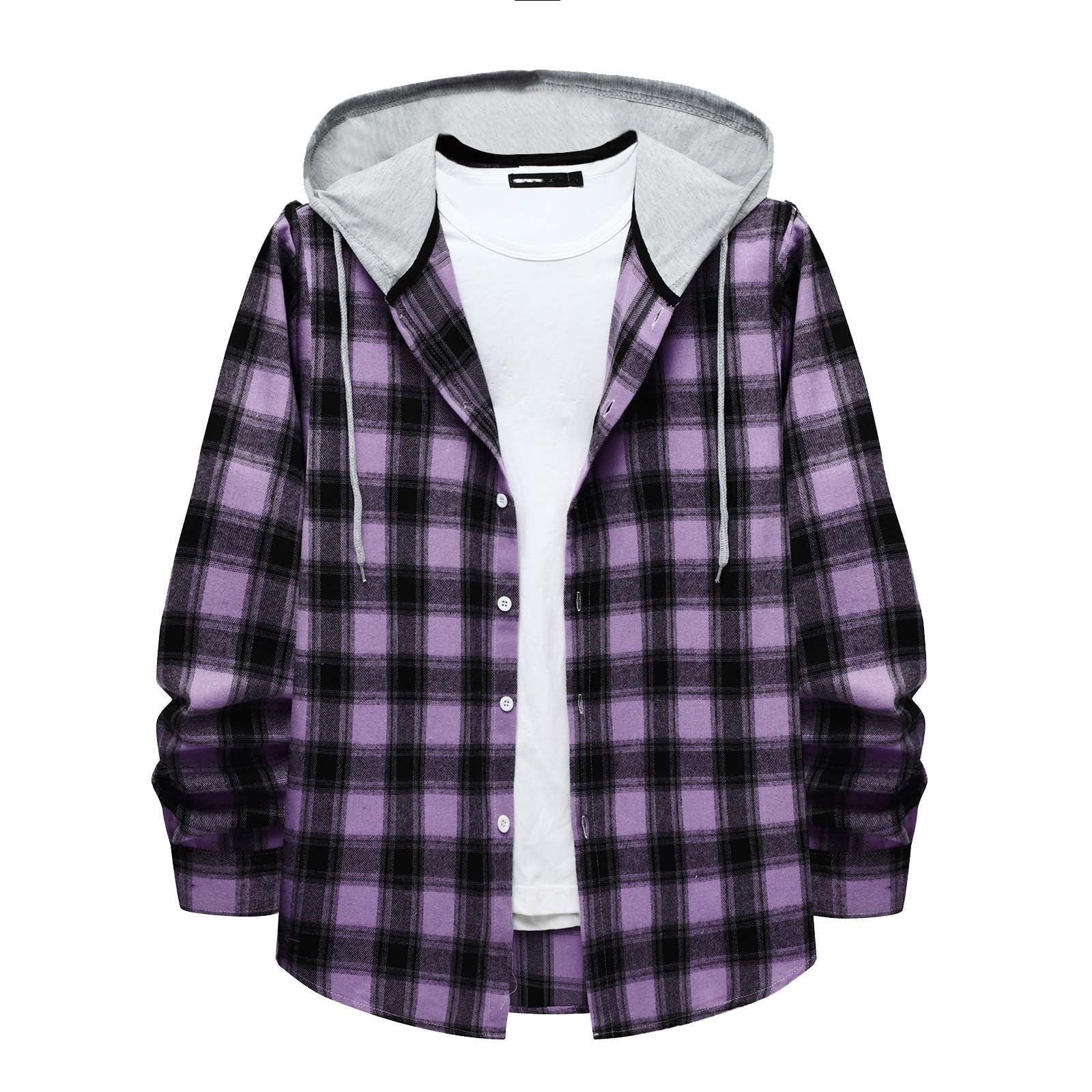 Men'S Casual Plaid Flannel Jacket with Hoodie Lightweight Fall Winter Long Sleeve Button down Plaid Flannel Hooded Shirt Purple XL