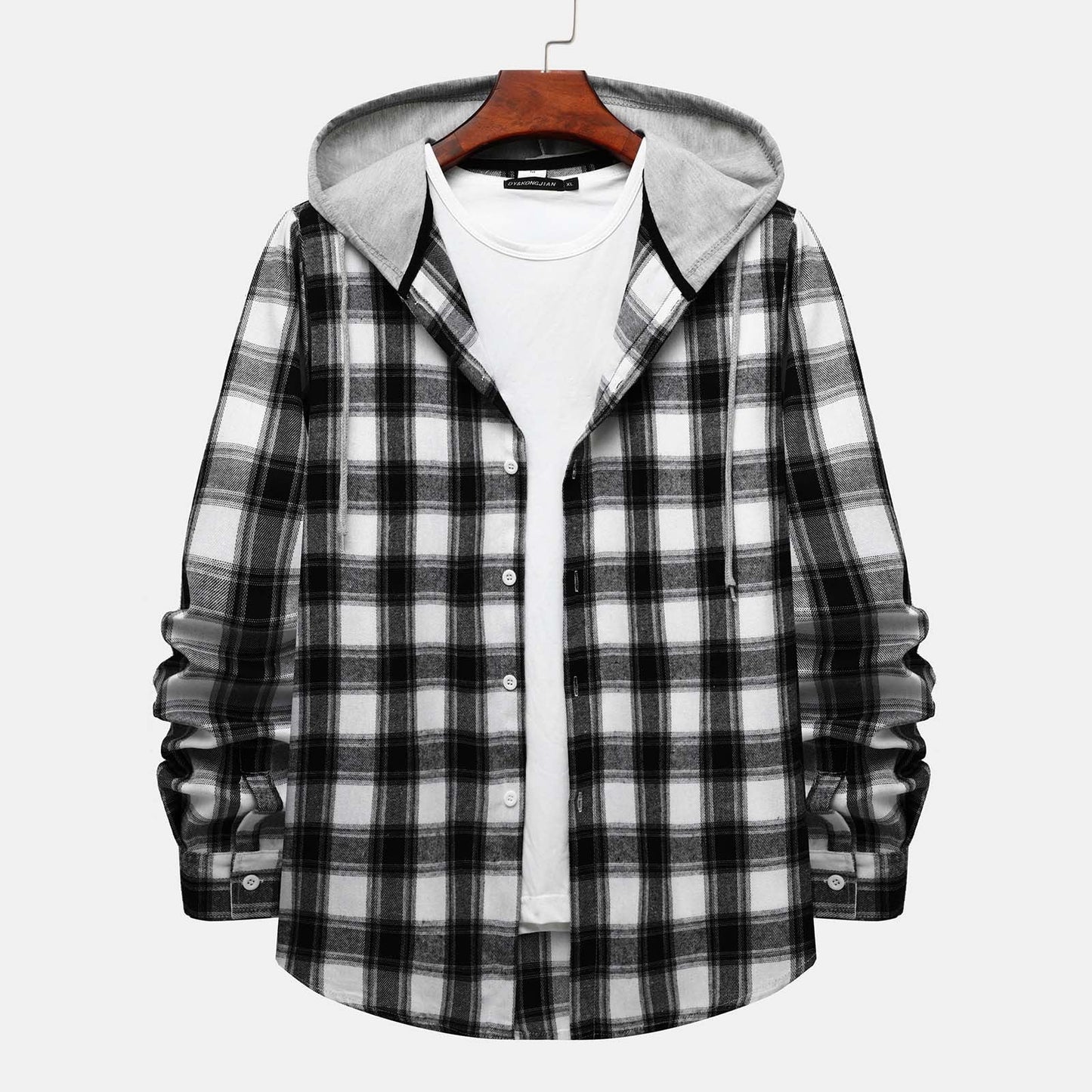 Men'S Casual Plaid Flannel Jacket with Hoodie Lightweight Fall Winter Long Sleeve Button down Plaid Flannel Hooded Shirt Gray XL