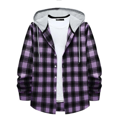 Men'S Casual Plaid Flannel Jacket with Hoodie Lightweight Fall Winter Long Sleeve Button down Plaid Flannel Hooded Shirt Purple XXL