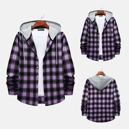 Men'S Casual Plaid Flannel Jacket with Hoodie Lightweight Fall Winter Long Sleeve Button down Plaid Flannel Hooded Shirt Purple XL