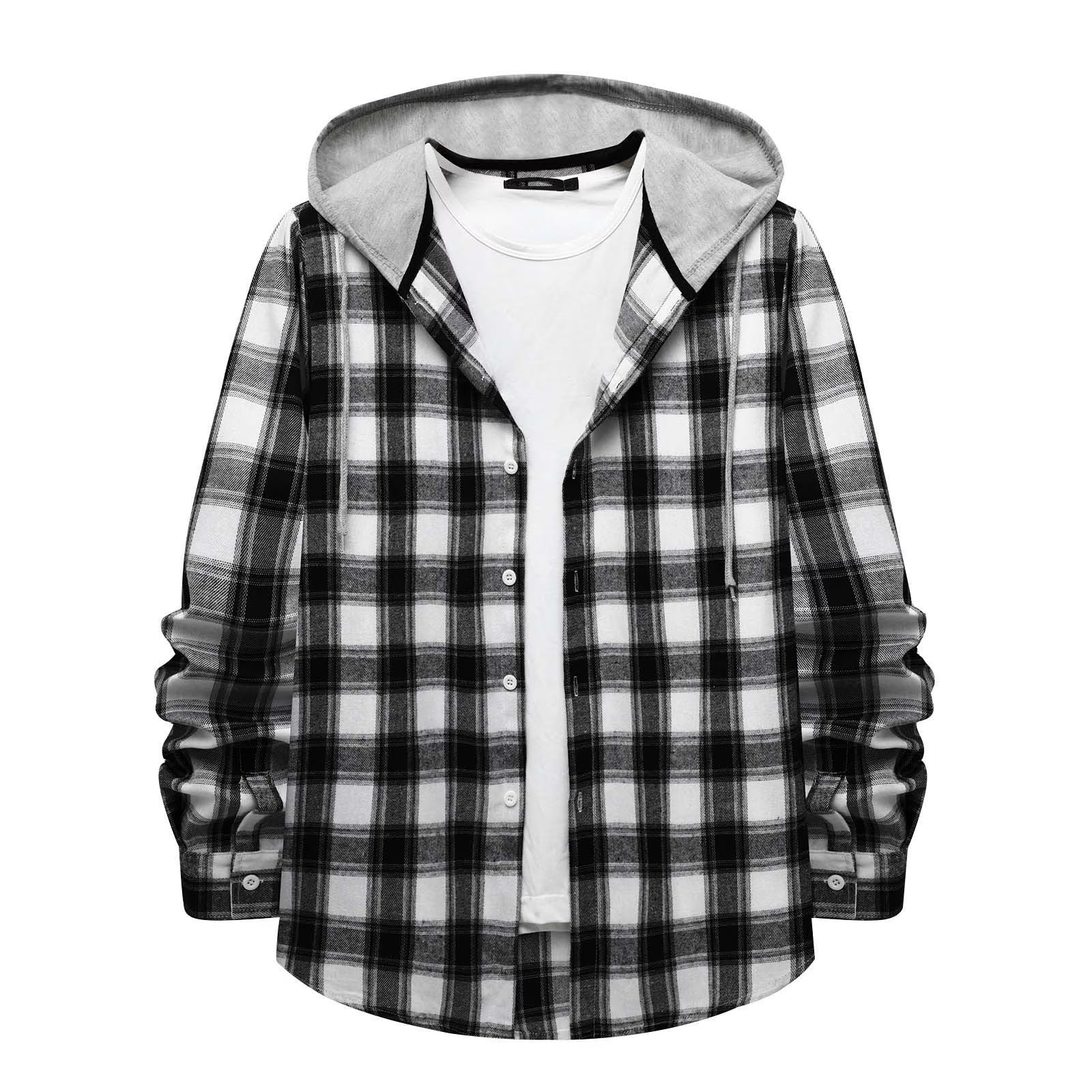 Men'S Casual Plaid Flannel Jacket with Hoodie Lightweight Fall Winter Long Sleeve Button down Plaid Flannel Hooded Shirt Gray XL
