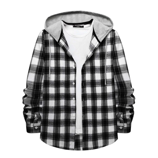 Men'S Casual Plaid Flannel Jacket with Hoodie Lightweight Fall Winter Long Sleeve Button down Plaid Flannel Hooded Shirt Gray XL