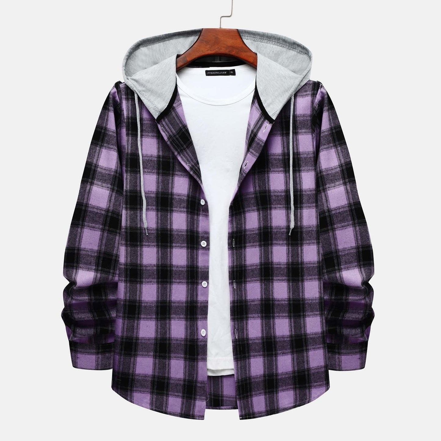 Men'S Casual Plaid Flannel Jacket with Hoodie Lightweight Fall Winter Long Sleeve Button down Plaid Flannel Hooded Shirt Purple XL