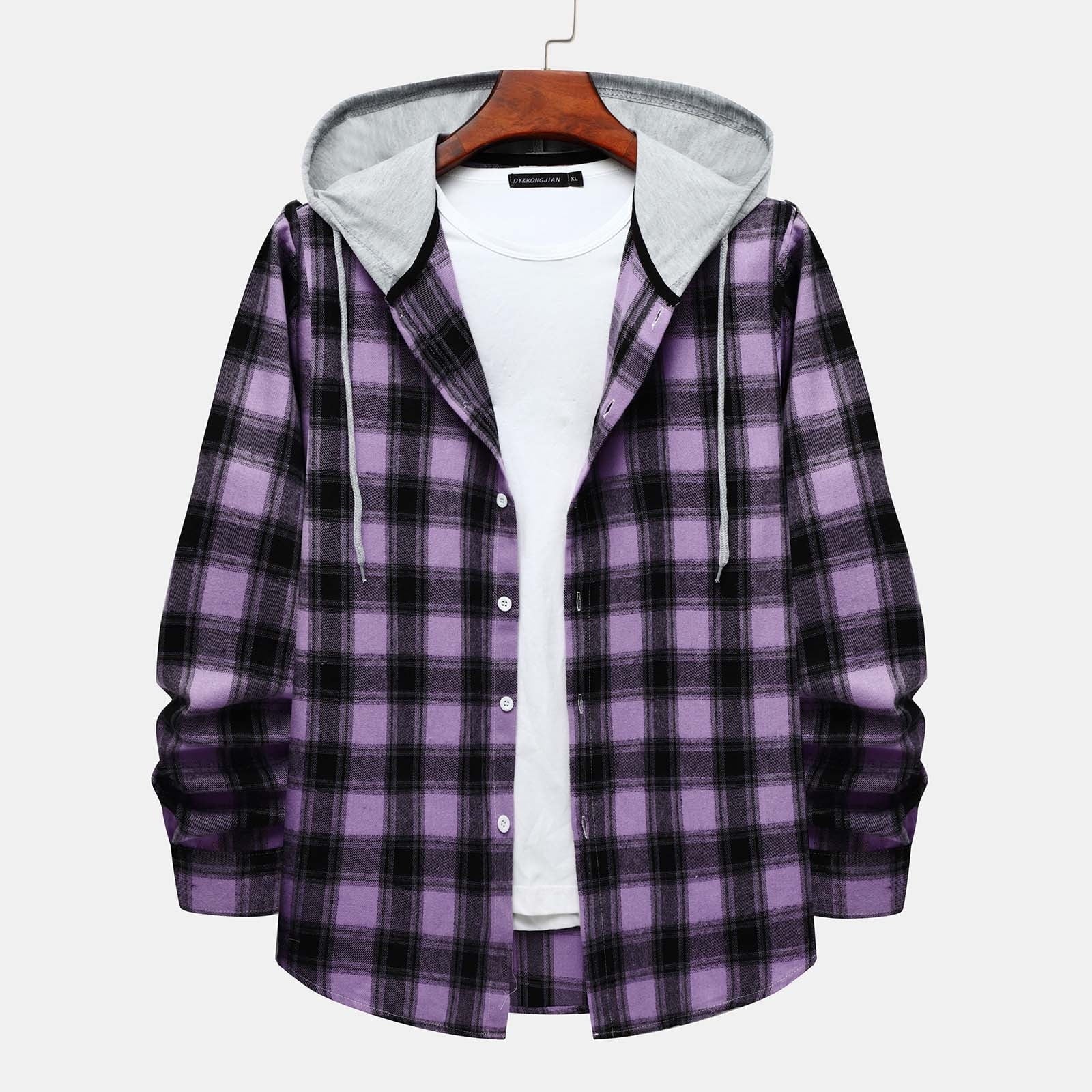 Men'S Casual Plaid Flannel Jacket with Hoodie Lightweight Fall Winter Long Sleeve Button down Plaid Flannel Hooded Shirt Purple XL