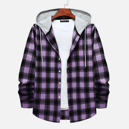 Men'S Casual Plaid Flannel Jacket with Hoodie Lightweight Fall Winter Long Sleeve Button down Plaid Flannel Hooded Shirt Purple XL
