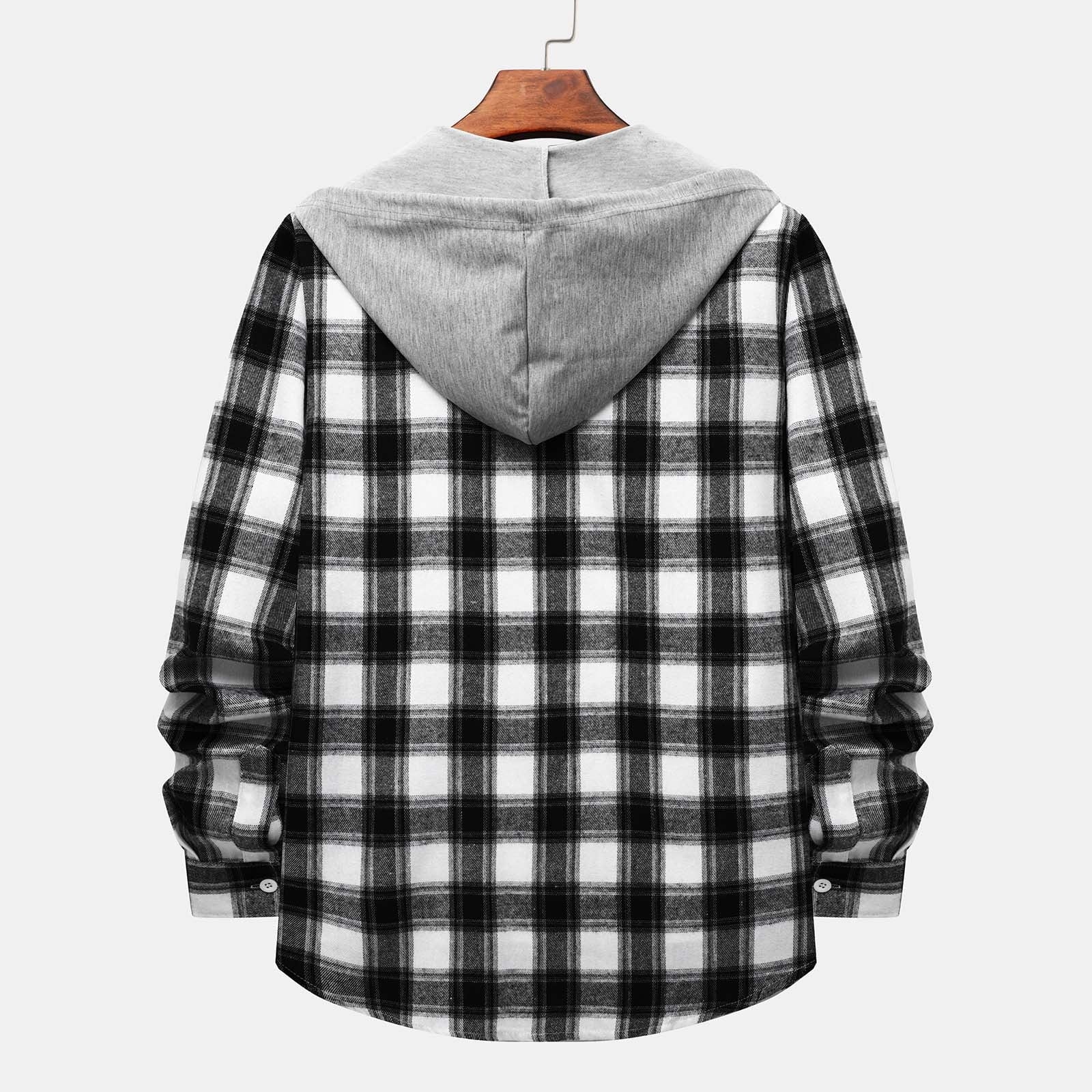 Men'S Casual Plaid Flannel Jacket with Hoodie Lightweight Fall Winter Long Sleeve Button down Plaid Flannel Hooded Shirt Gray XL